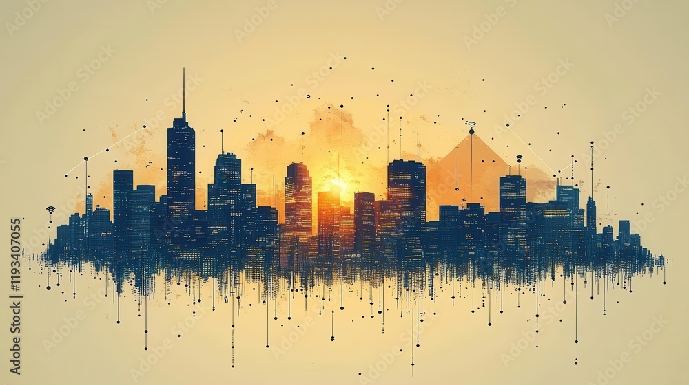 Poster abstract skyline illustration featuring a sunset backdrop with geometric patterns and digital elemen