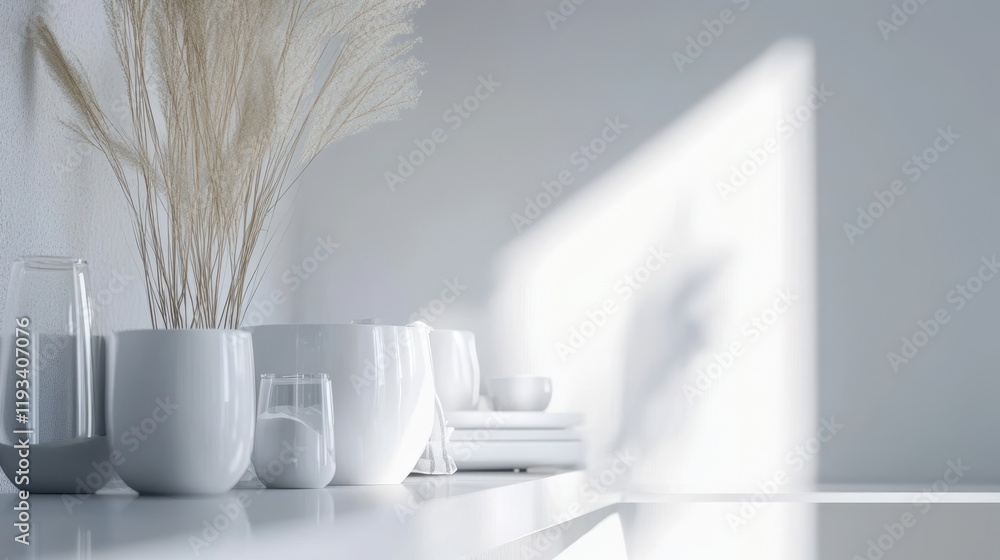 Poster a collection of elegant white vases and plates arranged neatly on a table, showcasing a minimalist a