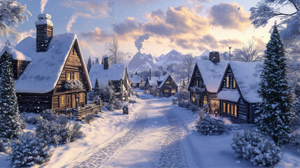 Fototapeta premium A stunning snowy pathway winding through a traditional village.