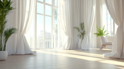 Bright and Airy Interior with Large Windows and Green Plants