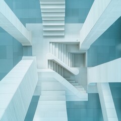 Obraz premium A staircase ascends towards a building under a clear blue sky, symbolizing progress and opportunity in an inviting urban setting.