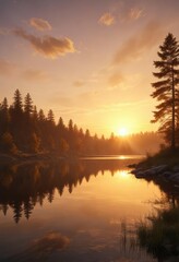 Obraz premium A warm, golden sunset over a serene, peaceful lake, sunset, lake