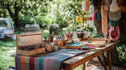 A clean outdoor craft workshop with knitting supplies, yarns, and small looms