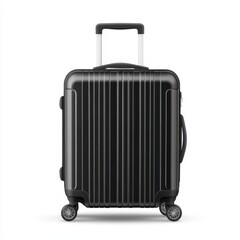 Fototapeta premium A detailed close-up of a sleek black suitcase featuring wheels, set against a clean white background, showcasing its design and functionality.