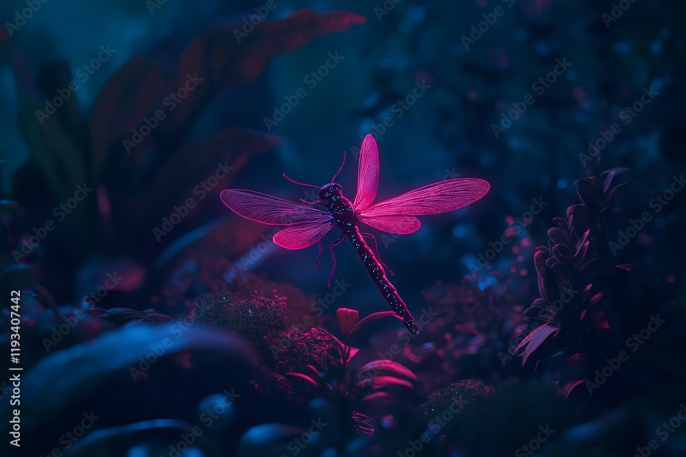 Poster a glowing firefly with vibrant, iridescent wings in a magical nighttime setting
