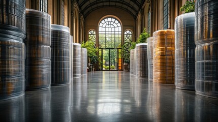 Fototapeta premium Spacious warehouse interior with organized stacks of plastic-wrapped materials surrounded by large windows and greenery for a modern industrial aesthetic