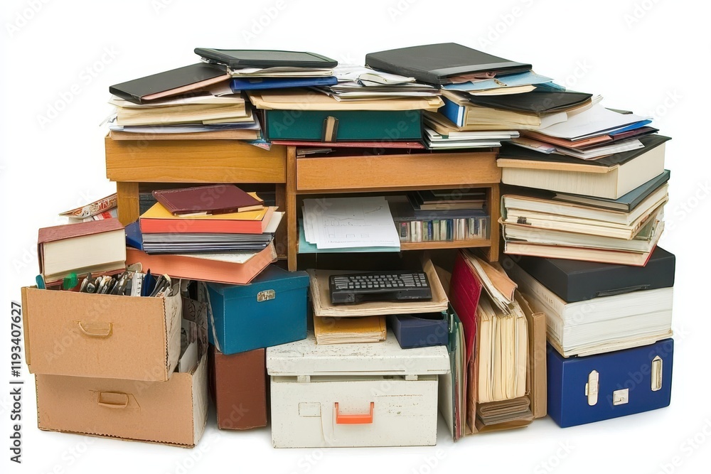 Poster a cluttered desk featuring a disorganized stack of books and files beside a computer, reflecting a b