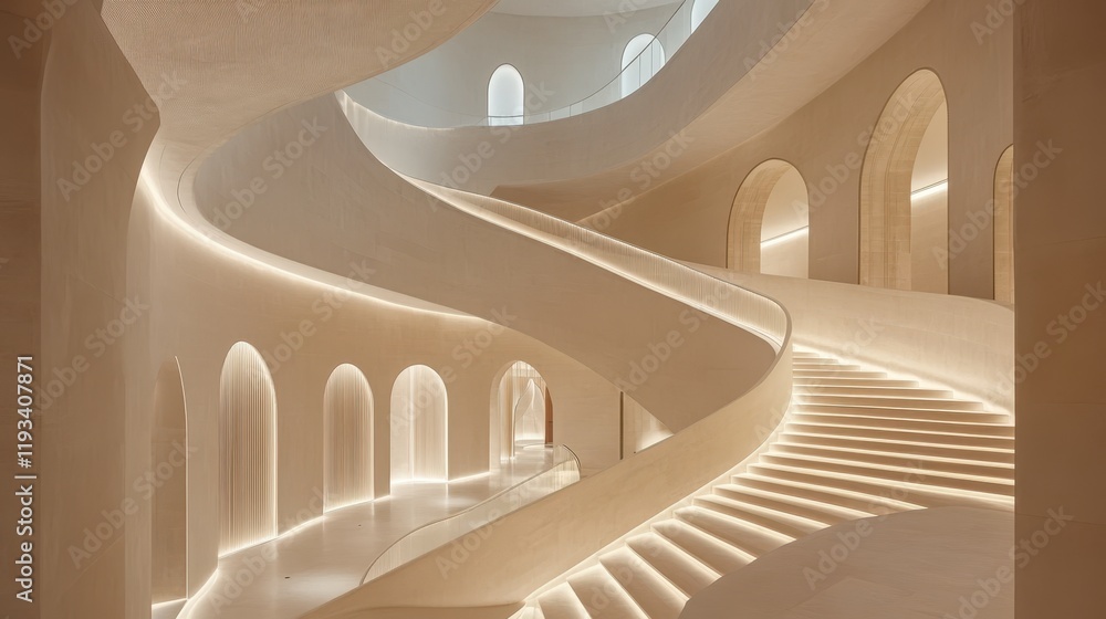 Poster a spiral staircase features a circular window and a skylight, enhancing the architectural elegance a