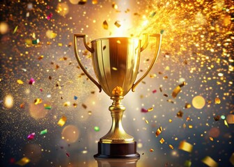 Double Exposure: Confetti Celebration Trophy, Victory Achievement Stock Photo