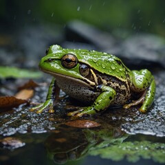 Obraz premium Green frog (Lithobates clamitans) in a Wisconsin conservation area.Green frog in a Wisconsin conservation area.Playful frog coloring page design.