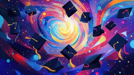 Obraz premium Graduation Caps Swirling In A Cosmic Galaxy