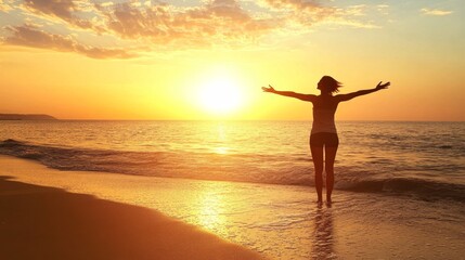 Fototapeta premium Woman Embracing Sunset on Seashore with Open Arms and Joyful Spirit