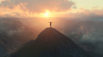 Person Standing on Mountain Peak with Sunset Over Cloudy Landscape