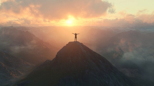 Person Standing on Mountain Peak with Sunset Over Cloudy Landscape
