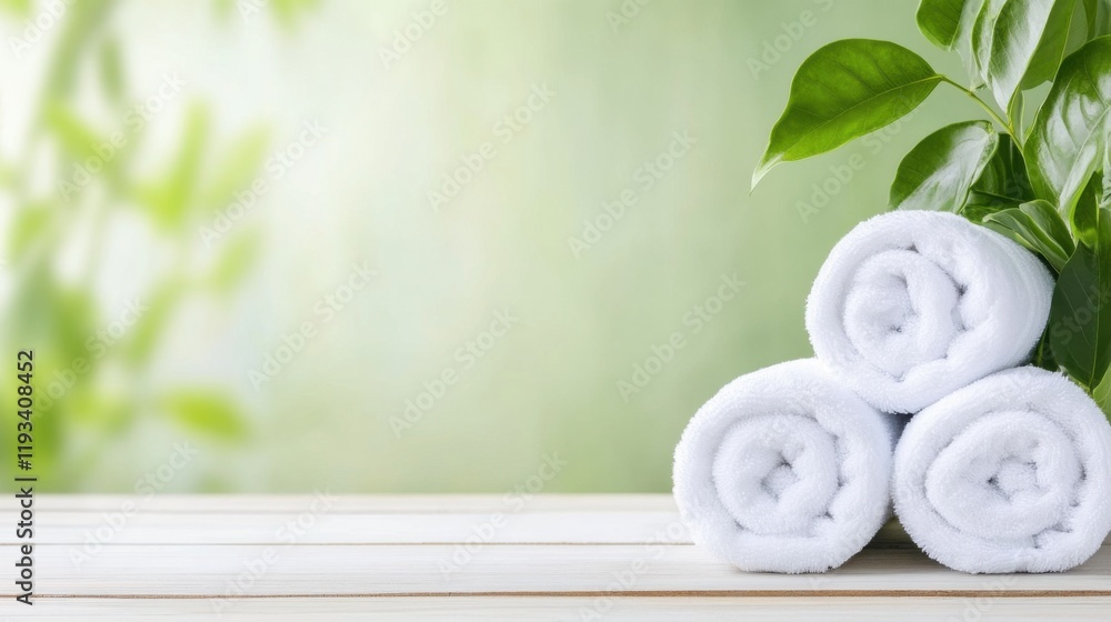 Poster soft white towels stacked with green leaves on a wooden surface in a relaxing spa setting