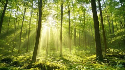 Fototapeta premium Sunlight Filtering Through Dense Green Forest Canopy in Spring
