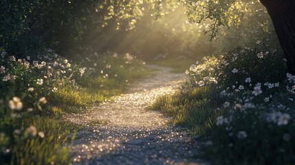 Naklejka premium Serene Pathway Through Lush Greenery and Sunlit Blossoms in Nature