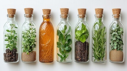 Assortment of Glass Bottles Filled with Fresh Herbs and Spices Displayed on a White Background for Culinary and Natural Health Uses