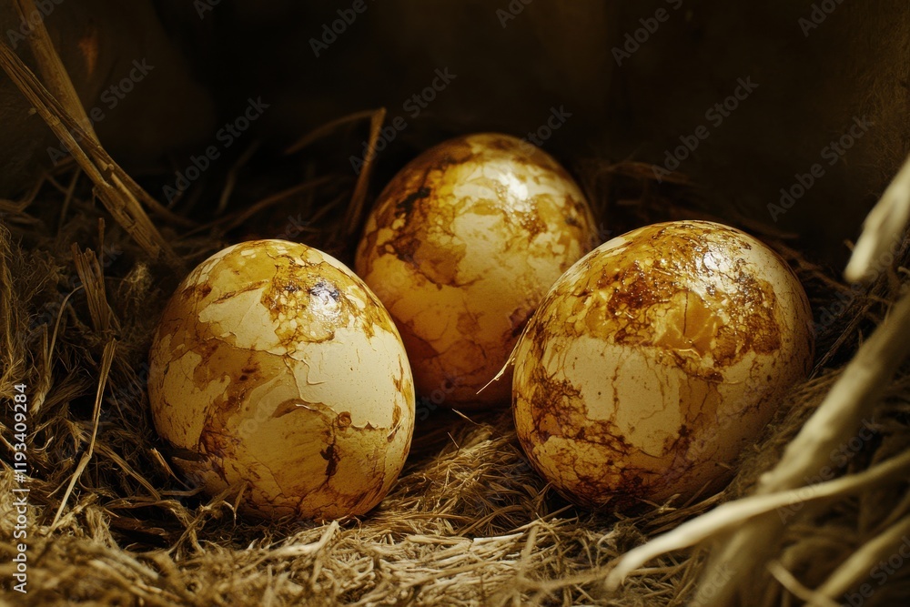 Aufkleber soft lighting wide shot of three natural eggs waiting to hatch in a rustic nest set in an atmospheri