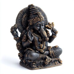 Obraz premium A detailed statue of a Hindu god is displayed on a clean white surface, showcasing intricate craftsmanship and cultural significance.