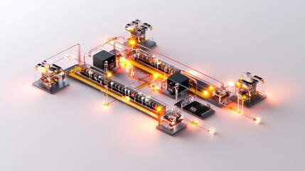 Naklejka premium A digital model of quantum hardware with qubits and data pathways interacting to simulate real-time computing