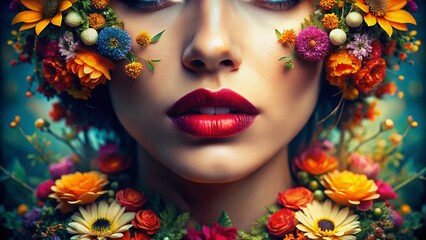 Double Exposure: Lip Piercing, Feminine Face, Floral Overlay