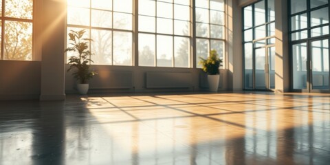 Fototapeta premium Sunlit Empty Room with Large Windows and Potted Plants