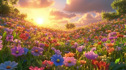 Fototapeta premium Vibrant Flower Field Under Golden Sunrise with Colorful Blooms