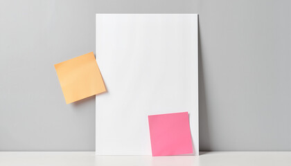 Blank sheet of paper with orange and pink sticky notes on minimalist gray background