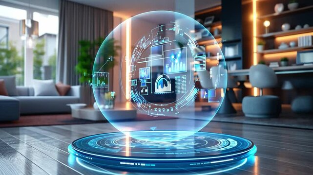 Futuristic smart home automation system with rotating hologram interface
