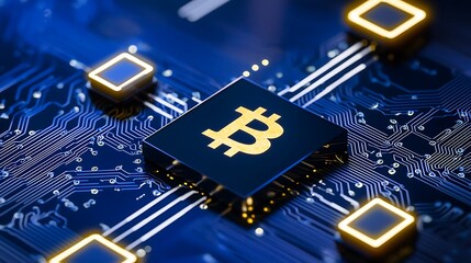 Close-up of a Bitcoin symbol on a circuit board, showcasing technology and finance in a digital environment