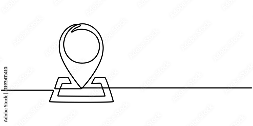 Poster navigation map continuous line editable stroke line, a simple, continuous line drawing of a pin on a