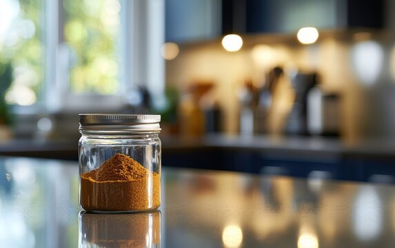 A jar of ground cumin powder, sitting on a modern kitchen countertop with a blurred backsplash behind