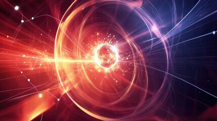 Obraz premium A digital quantum science concept showing interconnected quantum states and particles exchanging information across energy fields