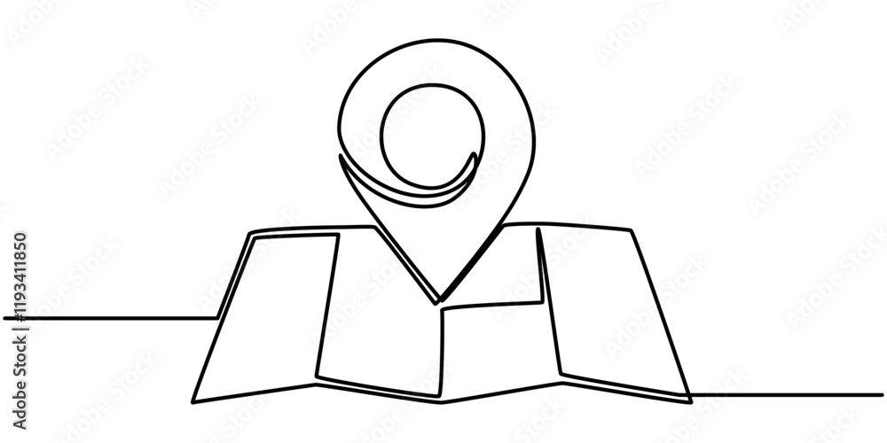 Poster navigation map continuous line editable stroke line, a simple, continuous line drawing of a pin on a