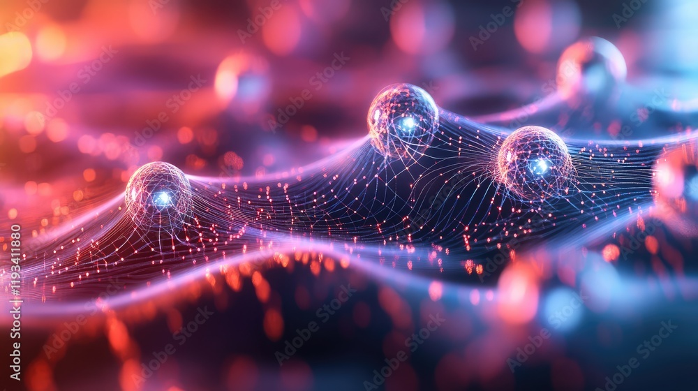 Poster a digital quantum science concept showing interconnected quantum states and particles exchanging inf