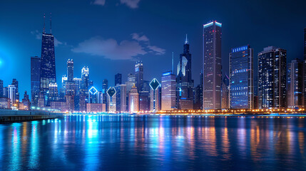 Obraz premium Night view of futuristic city skyline glowing with neon lights