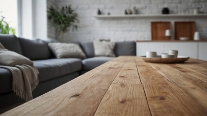  Empty wood table top on Scandinavian living room with a blurred background. The focus is on the table surface.