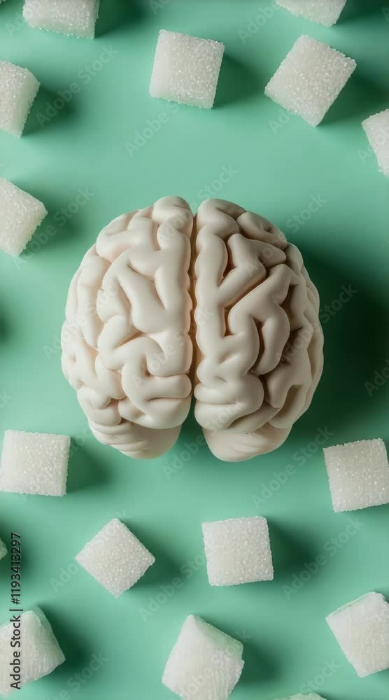 Poster anatomical model of human brain surrounded by sugar cubes illustrating sugar's effects on mental fun