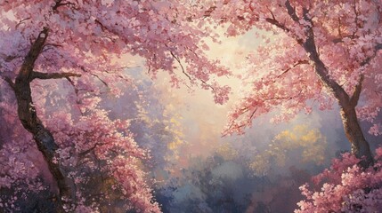 Serene Cherry Blossom Trees in Bloom with Soft Pastel Background Light