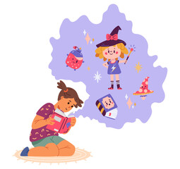 Girl reading paper story book about magical adventures flat vector illustration isolated on white. Teen girl reading fantasy book.