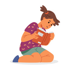 Teen girl reading a book sitting on knees flat vector illustration isolated on white.
