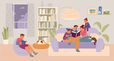 Family reading books in living room together flat vector illustration.