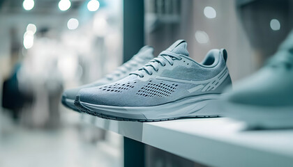 Close-up of gray running shoes on a shelf in a brightly lit modern store, with a blurred background