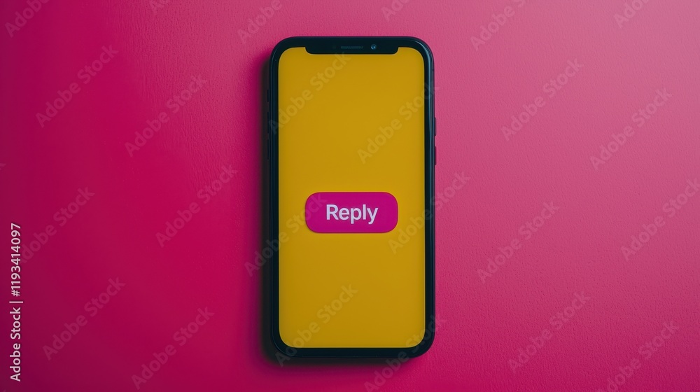 Poster bright and bold mobile phone screen featuring a reply button on a vibrant yellow and pink background