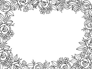 Doodle flower Hand drawn floral square frame featuring roses, daisies, and leaves in monochrome. Perfect for coloring pages, invitations, and minimalist designs