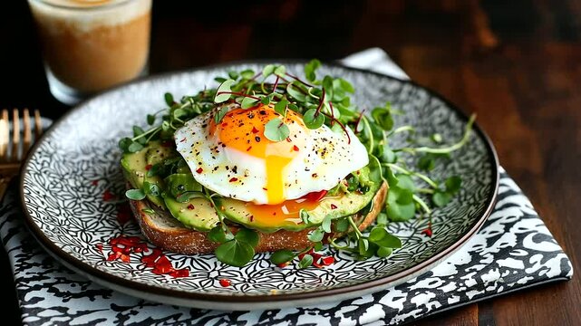 An overhead shot of gourmet avocado toast topped with a poached egg, sprinkled with microgreens and red pepper flakes, styled on a patterned napkin with a latte in the background