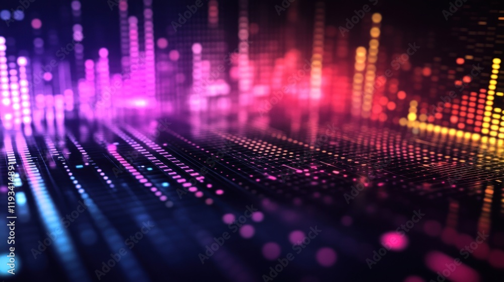 Poster abstract digital cityscape neon lights data visualization colorful glowing pixels technology backgro