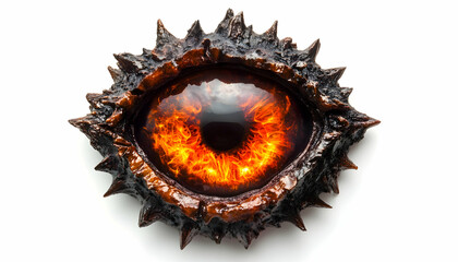 Close-up of the demon eye. Pupil with flame, fire. Evil look. The inferno Gates isolated on white background