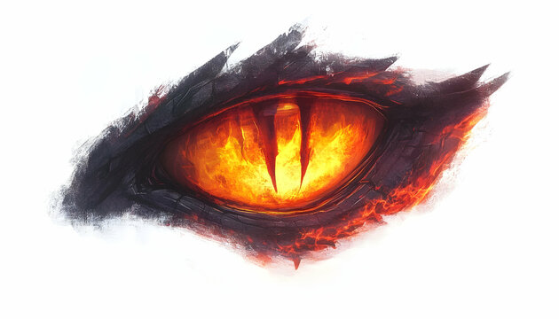 Close-up of the demon eye. Pupil with flame, fire. Evil look. The inferno Gates isolated on white background